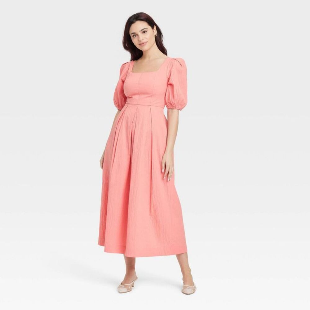 a new day Coral Puff Sleeve Dress Seersucker -Like Fabric L